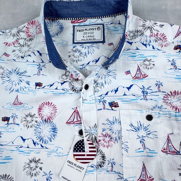 NWT Free Planet Mens Size XL Sailing Americana Short‎ Sleeve 100% Cotton Shirt - Picture 5 of 13